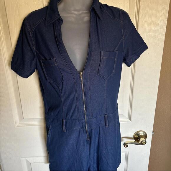 Entry Pants - Entry‎ Women Short Sleeve Romper Jegging Denim Look Deep V-neck Large